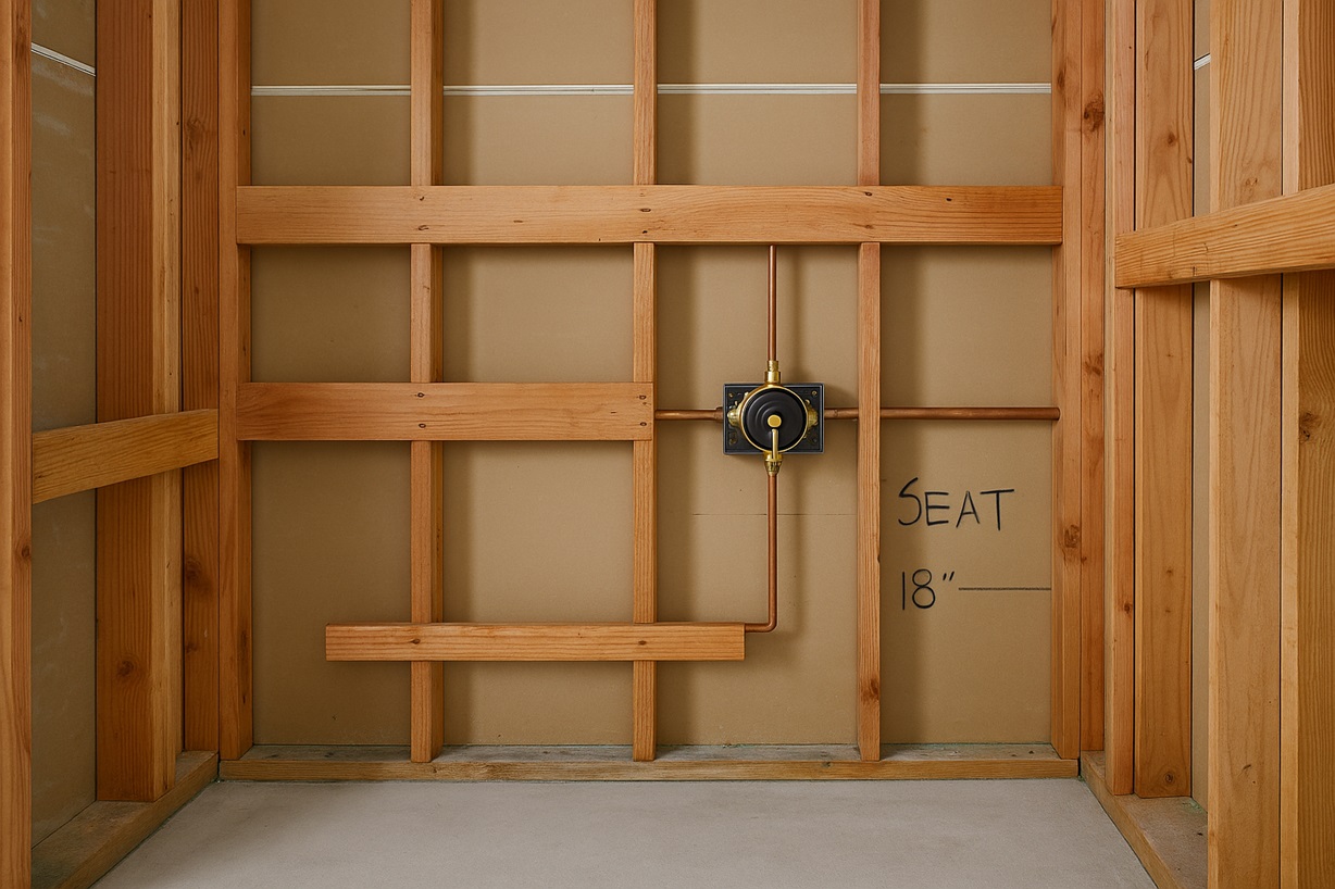 Accessible shower under construction showing rough-in valve, seat blocking, and grab bar backing